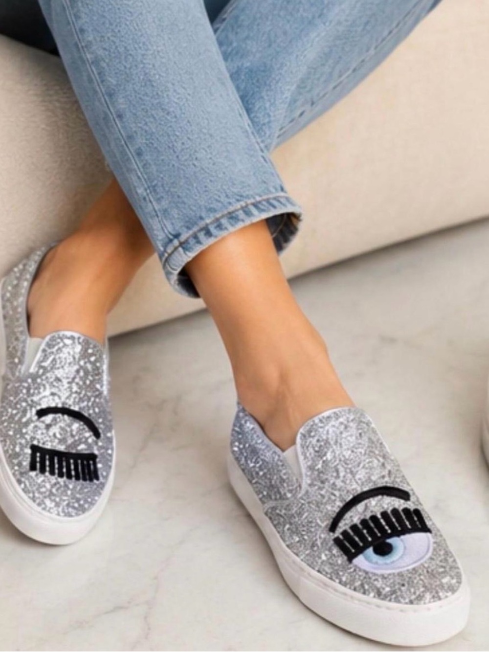 Chiara Ferragni Silver Glitter Slip-On Sneakers